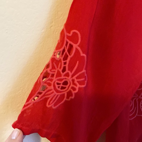 Johnny Was Arlene embroidered boho Appliqué long sleeve tunic top red Medium - Picture 9 of 10